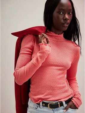 NWOT Free People We The Free Sara Pointelle Turtleneck Flame Red Size S